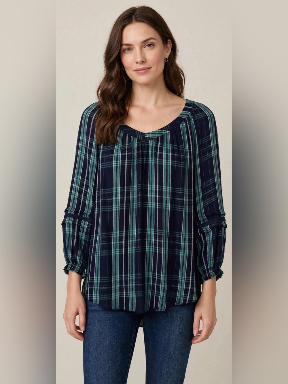 LC Lauren Conrad Black and Teal Plaid Peasant Blouse